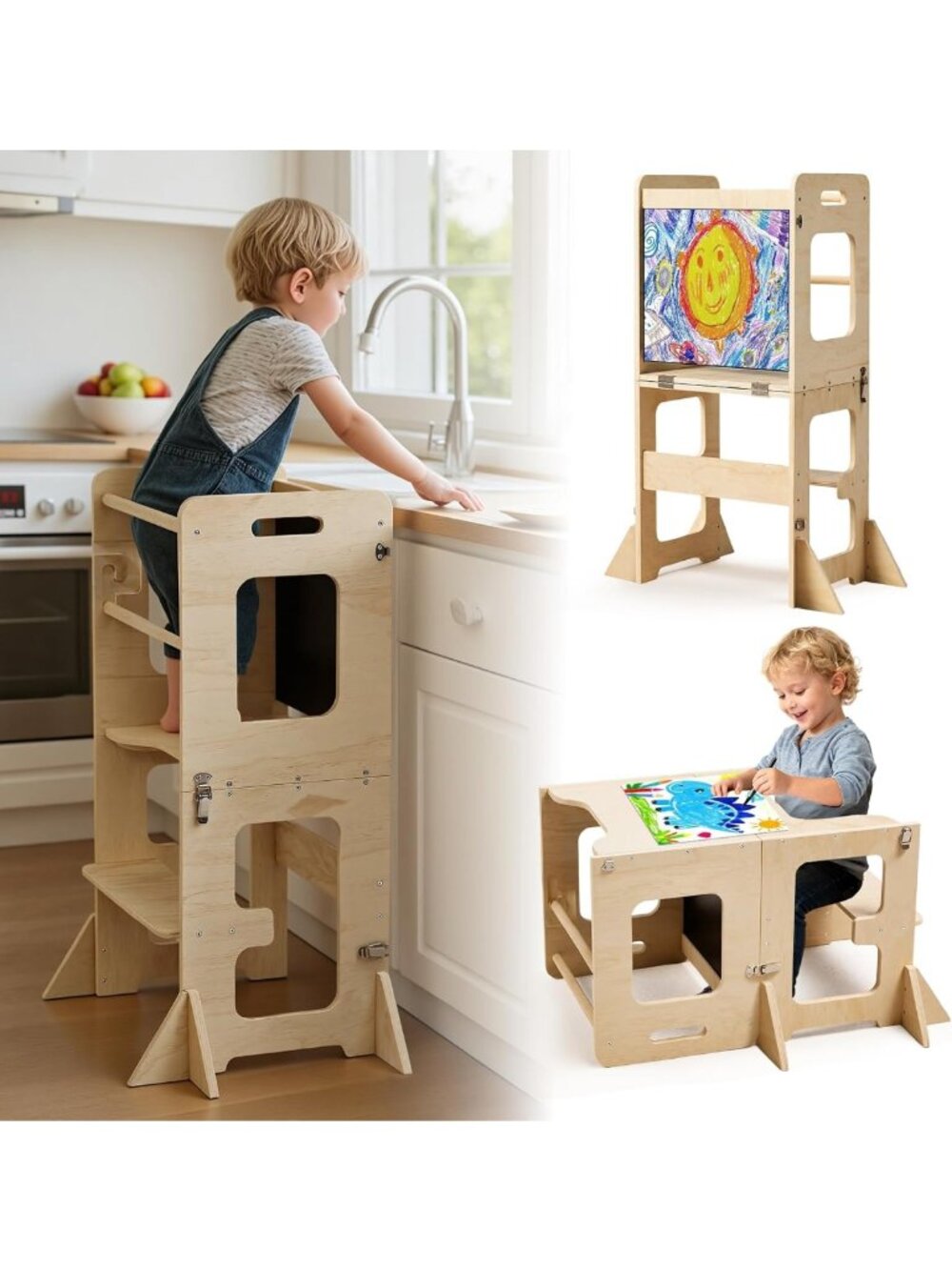 Montessori Toddler Standing Tower, Foldable Learning Stool with Blackboard